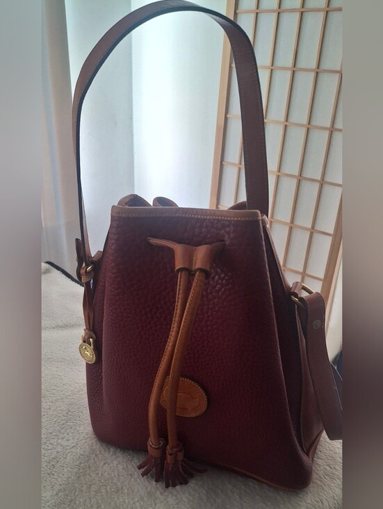 Dooney & Bourke Handbags - Dooney & Bourke Burgundy and Brown Pebbled Leather Drawstring Shoulder Bag